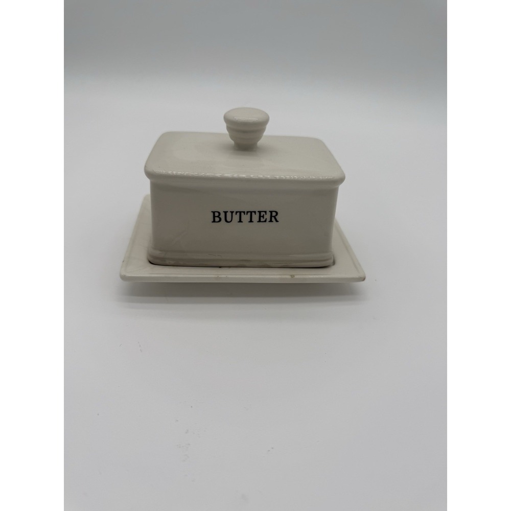THL White Ceramic Butter Dish with Cover Classic French Farmhouse Style